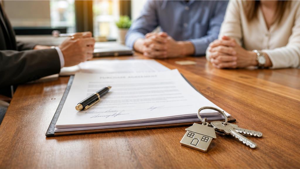 Real estate attorney reviewing closing documents with clients at a table